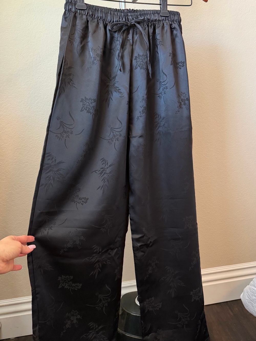 Black Satin Wide-Leg Drawstring Pants